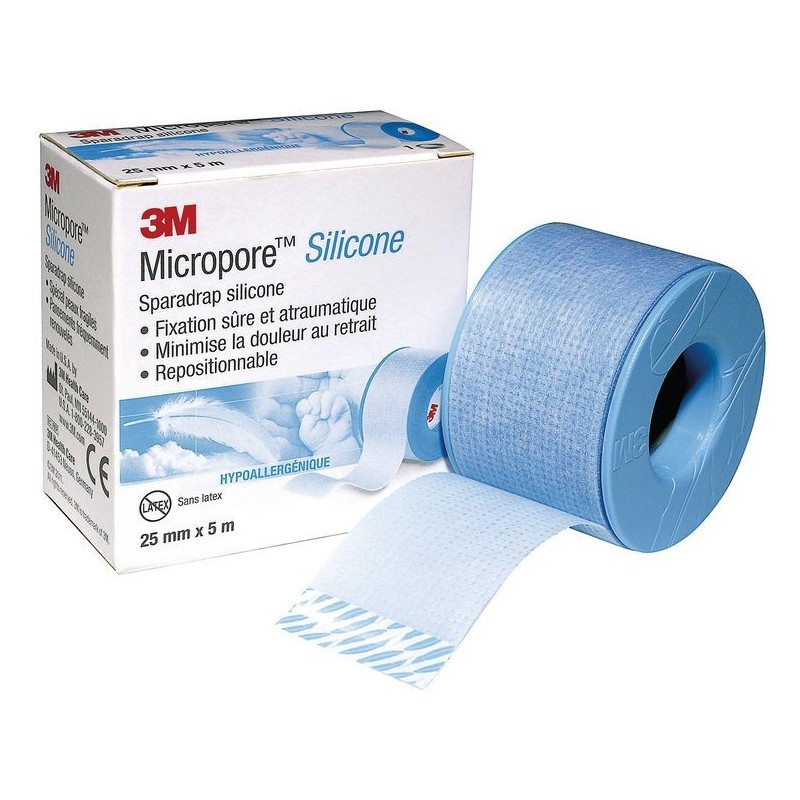 3M™ Micropore™ Silicone - 25 mm x 5 m - Sparadrap indolore et atraumatique, repositionnable - - - Boite de 12 sparadrap